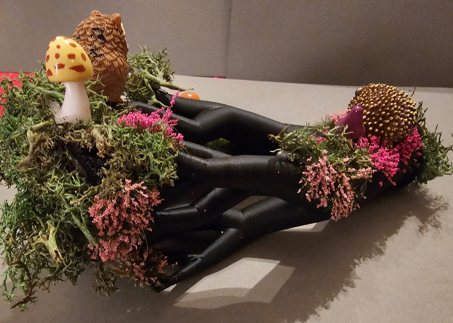 Owl, Hedgehog, and Mushrooms Perching on Fallen Tree