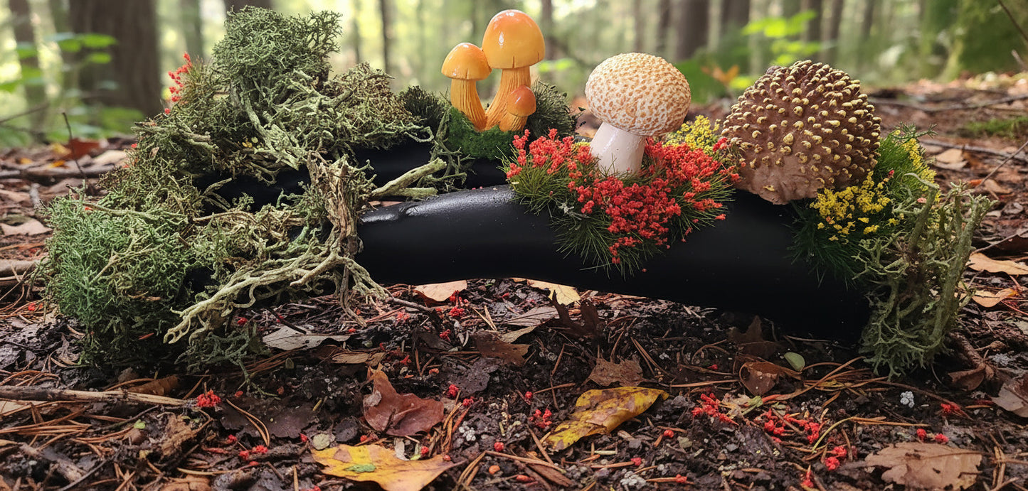 Hedgehog and Mushrooms on Fallen Tree
