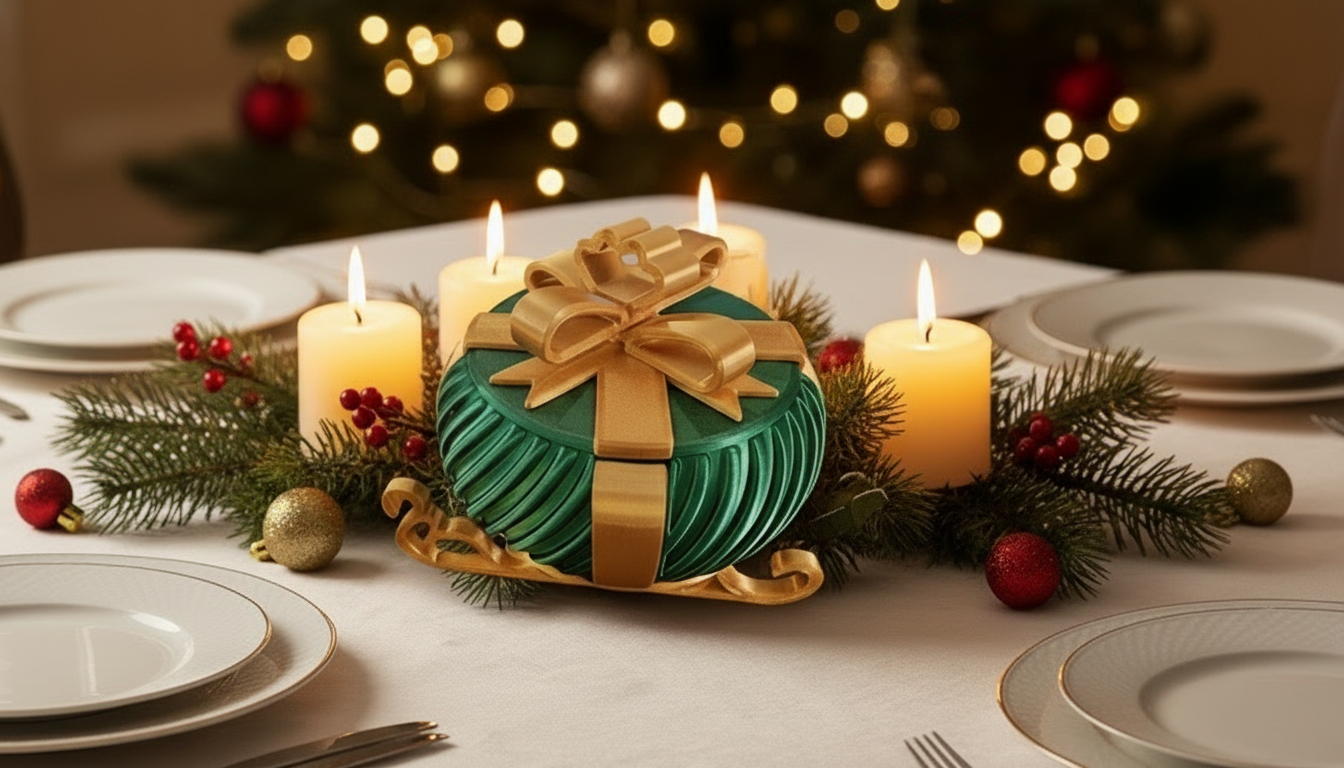 Christmas Present Gift Box & Sleigh (Curved Lines) - Green & Gold