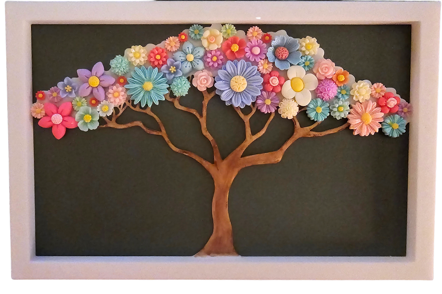 3D Crafted Wall Art - Tree Design w/ Outer Frame (Embellished w/ BLUE Resin Flowers)