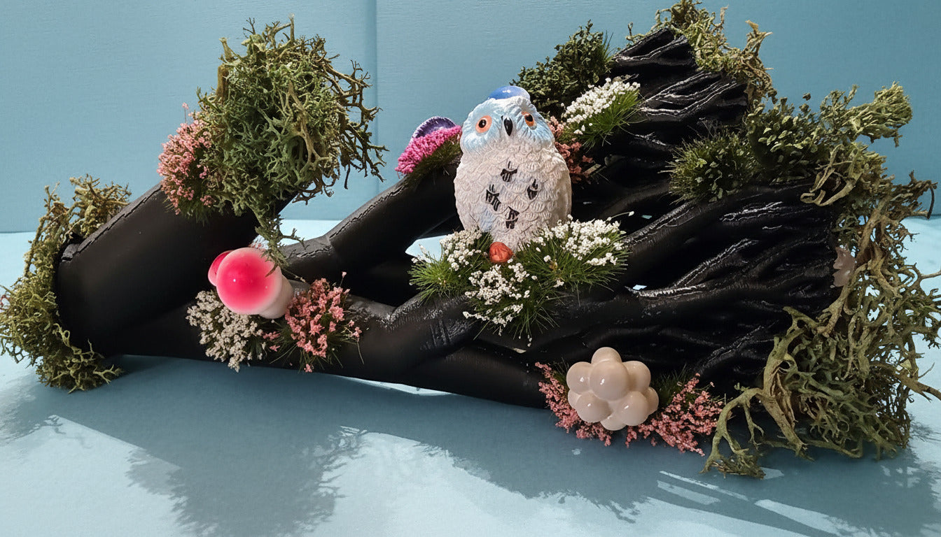White Owl and Mushrooms Perching on Fallen Tree