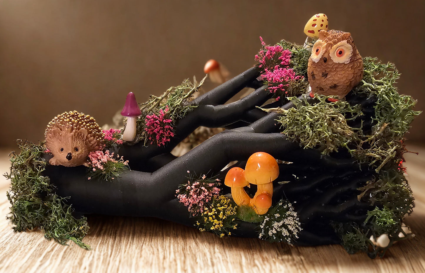 Owl, Hedgehog, and Mushrooms Perching on Fallen Tree