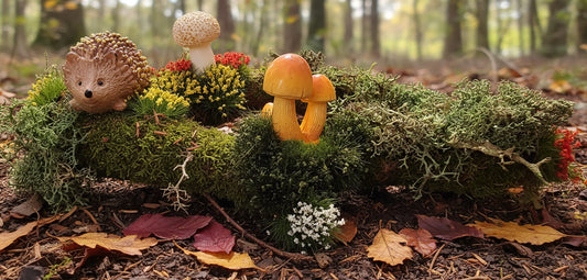 Hedgehog and Mushrooms on Fallen Tree