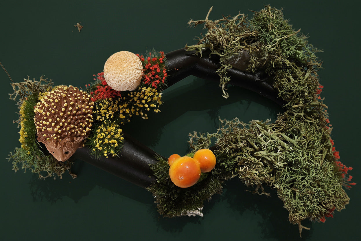 Hedgehog and Mushrooms on Fallen Tree