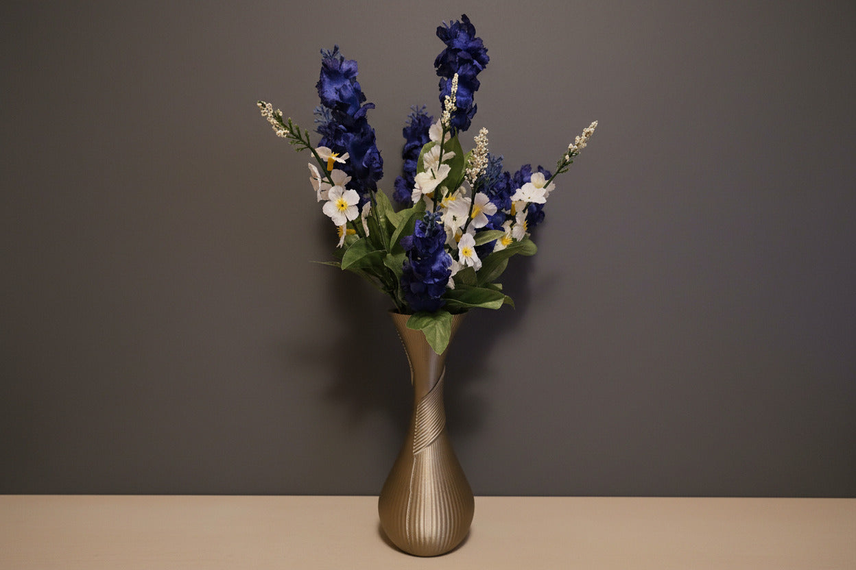 Iridium Silk Vase with White & Blue Flowers