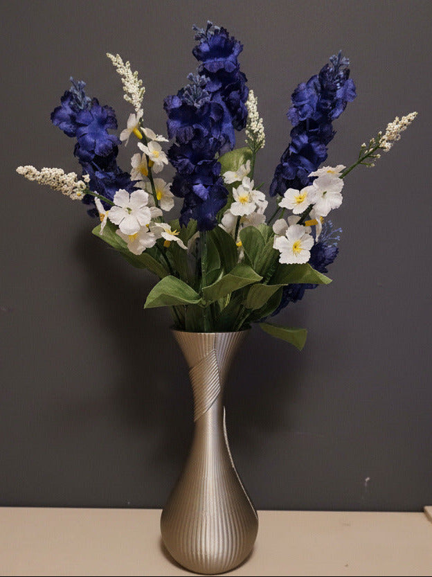 Iridium Silk Vase with White & Blue Flowers