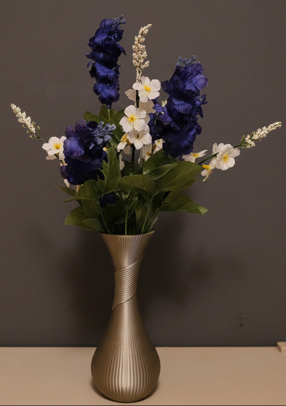 Iridium Silk Vase with White & Blue Flowers