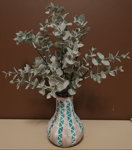 Southwest Vase in Gray/Turquoise with Eucalyptus Silk Flowers