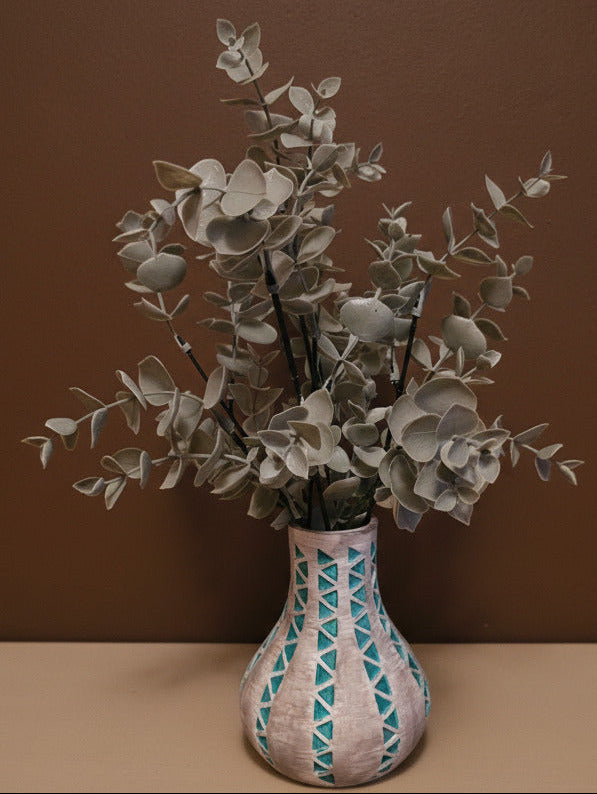 Southwest Vase in Gray/Turquoise with Eucalyptus Silk Flowers