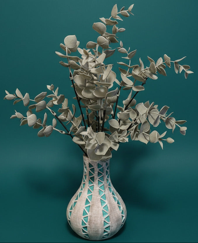 Southwest Vase in Gray/Turquoise with Eucalyptus Silk Flowers