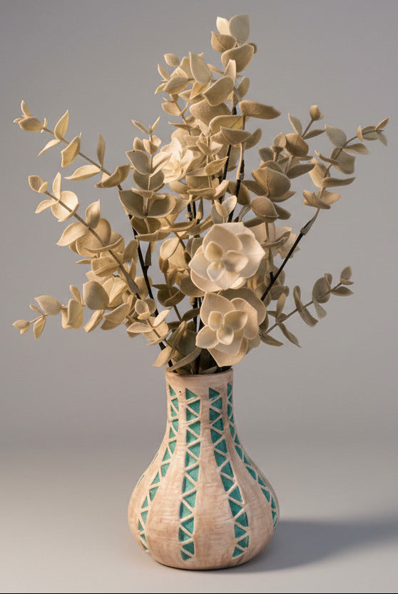 Southwest Vase in Gray/Turquoise with Eucalyptus Silk Flowers
