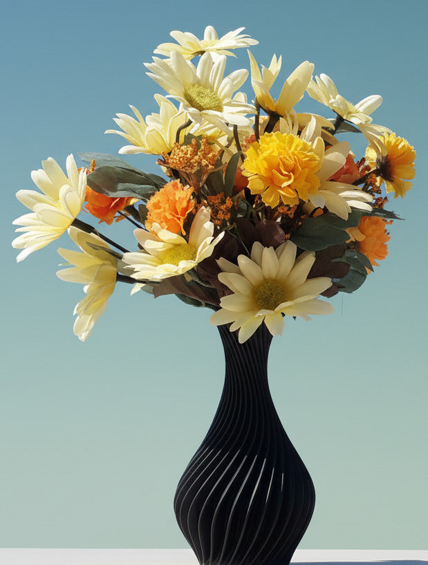 Twisted Vase in Black with Assorted Silk Flowers in Orange. White, & Yellow