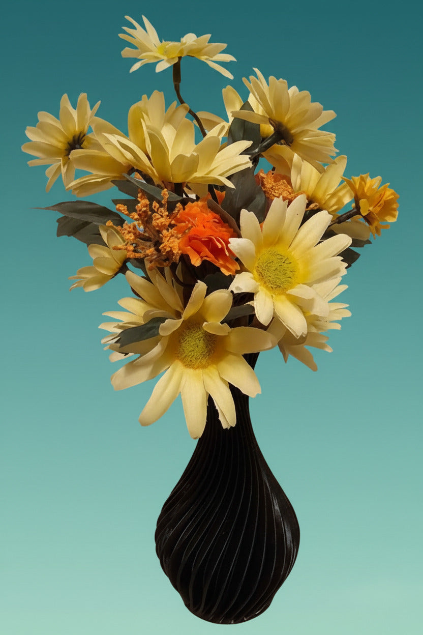 Twisted Vase in Black with Assorted Silk Flowers in Orange. White, & Yellow