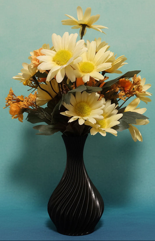 Twisted Vase in Black with Assorted Silk Flowers in Orange. White, & Yellow