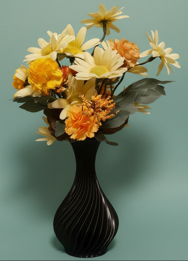 Twisted Vase in Black with Assorted Silk Flowers in Orange. White, & Yellow