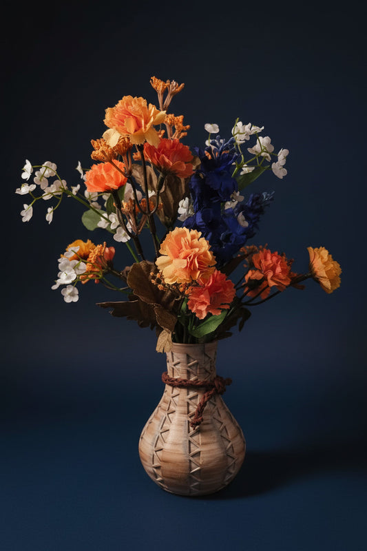 Weathered Southwest Vase with Orange. White, & Blue Silk Flowers