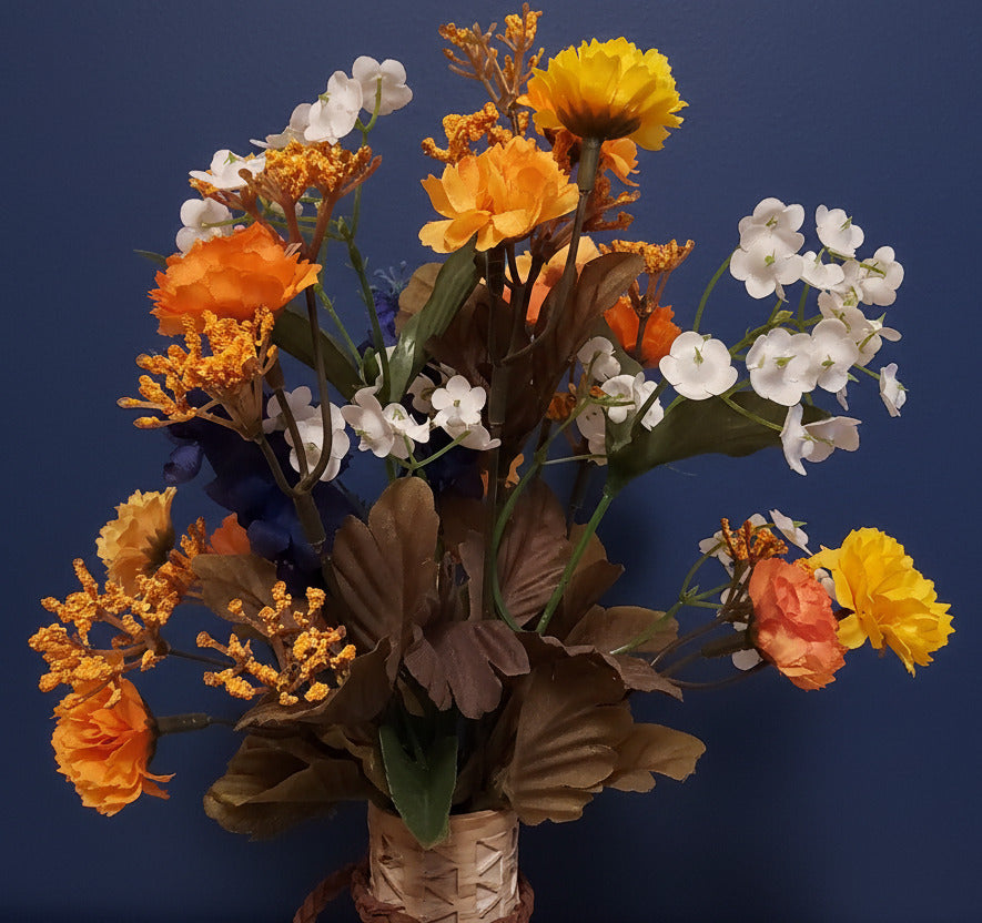 Weathered Southwest Vase with Orange. White, & Blue Silk Flowers