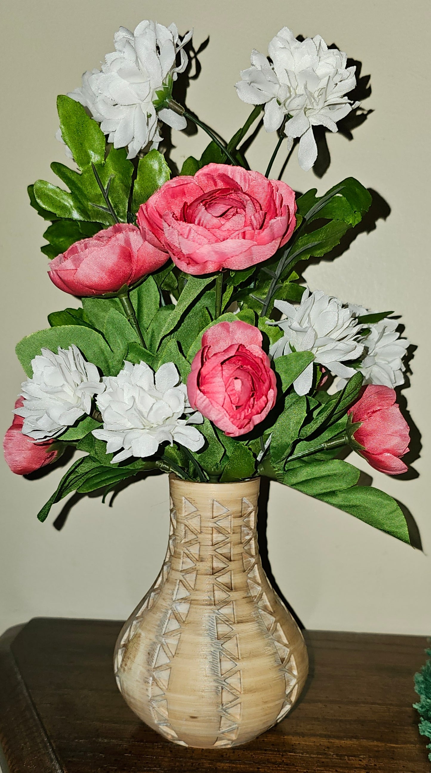 Southwest Vase with Pink/Mauve Ranunculus & White Mums