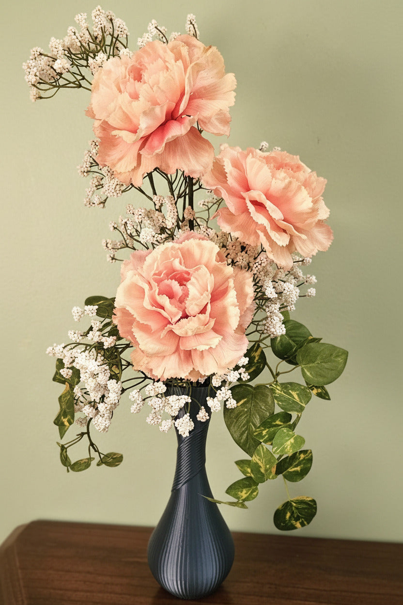 Blue Silk Vase with Baby's Breath & Peach Carnations