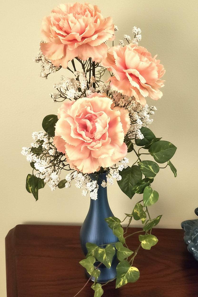 Blue Silk Vase with Baby's Breath & Peach Carnations