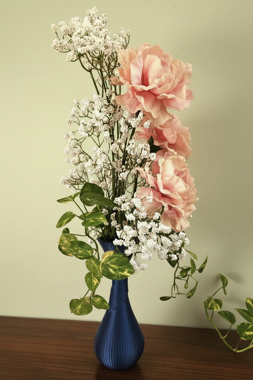 Blue Silk Vase with Baby's Breath & Peach Carnations