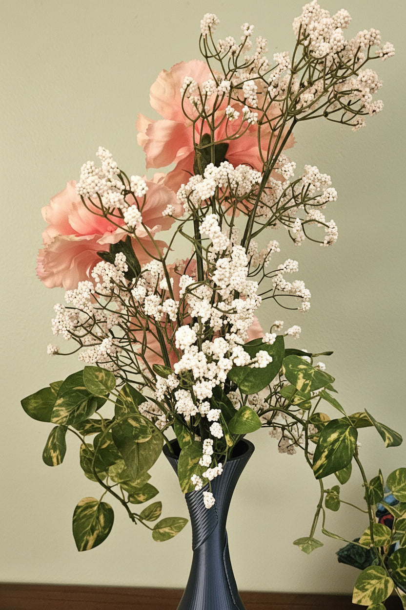 Blue Silk Vase with Baby's Breath & Peach Carnations