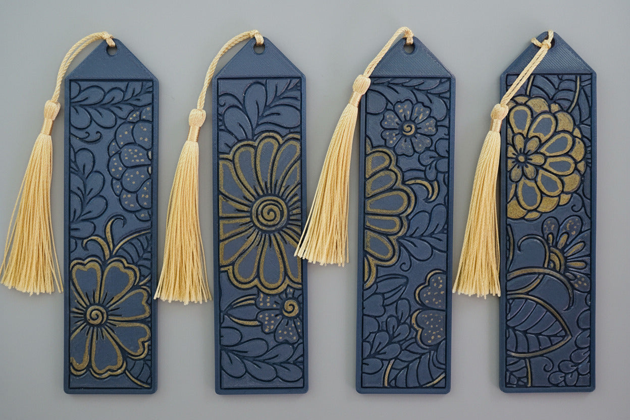 Bookmarks - Blue Floral w/ Gold Tassel (Set of 4)
