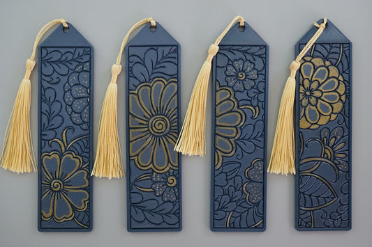 Bookmarks - Blue Floral w/ Gold Tassel (Set of 4)