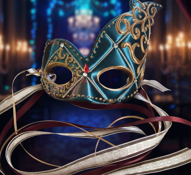 Venetian Mask in Blue/Green Silk (with High Side Flares)