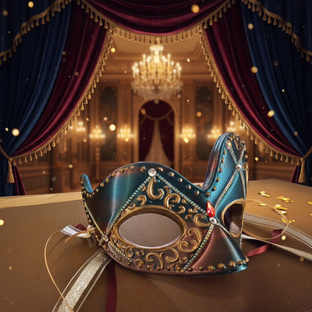 Venetian Mask in Blue/Green Silk (with High Side Flares)