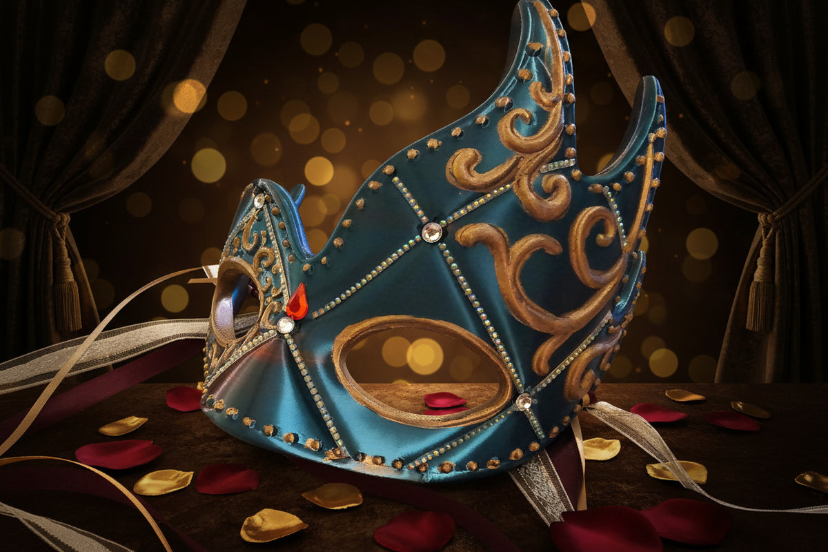 Venetian Mask in Blue/Green Silk (with High Side Flares)