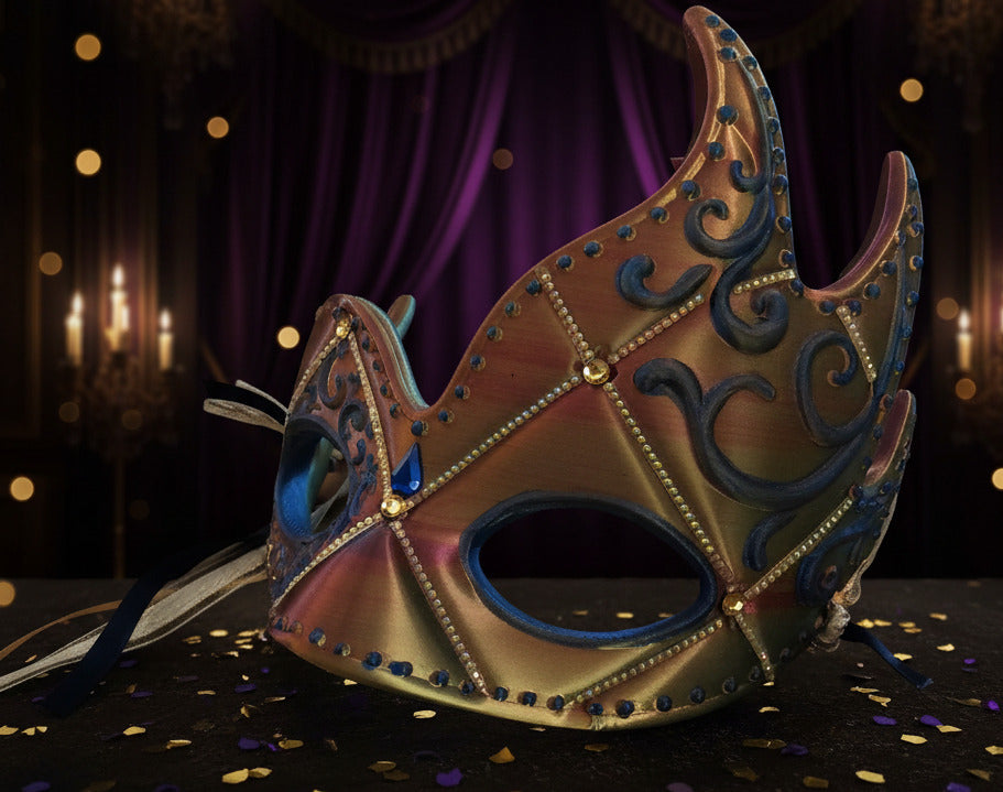 Venetian Mask in Red/Gold Silk (with High Side Flares)