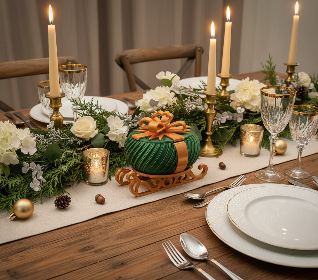 Christmas Present Gift Box & Sleigh (Curved Lines) - Green & Gold