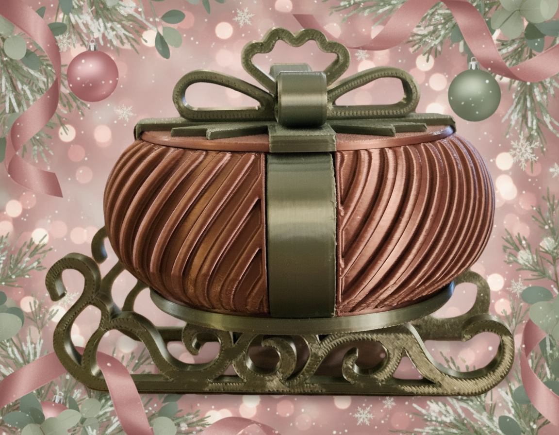 Christmas Present Gift Box & Sleigh (Curved Lines) - Rose Gold & Green