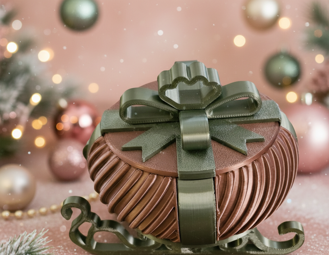Christmas Present Gift Box & Sleigh (Curved Lines) - Rose Gold & Green