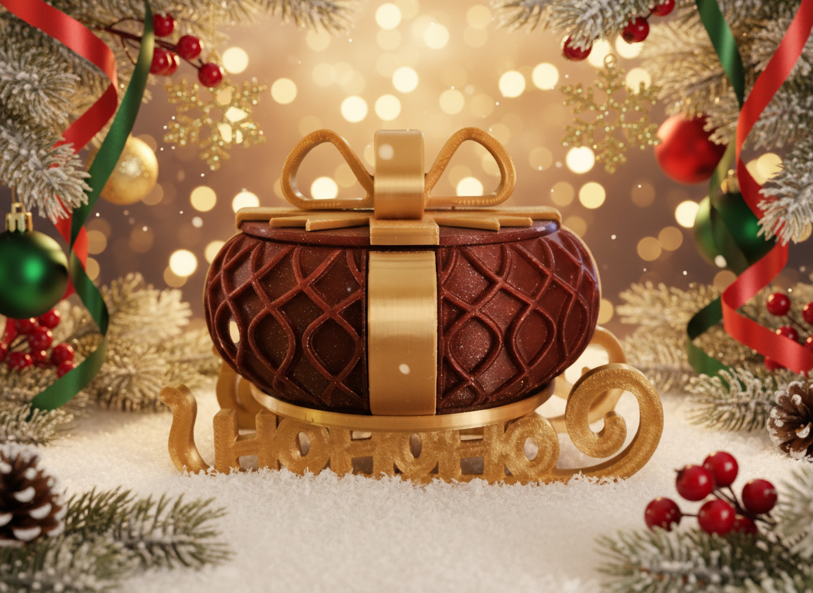 Christmas Present Gift Box & Sleigh (Wavy Lines) - Deep Red & Gold