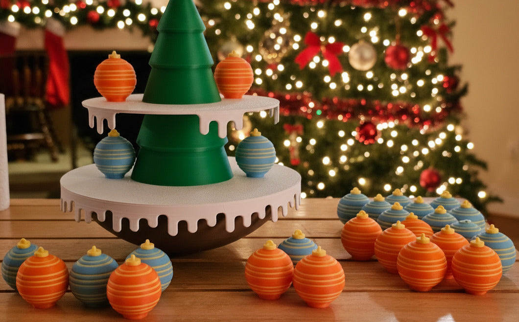 Christmas Tree Balance Game - Orange & Blue Ornaments