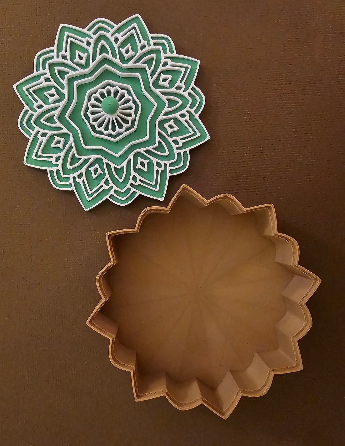 Mandala Jewelry/Gift Box - Tan with Green Lid & White Accents